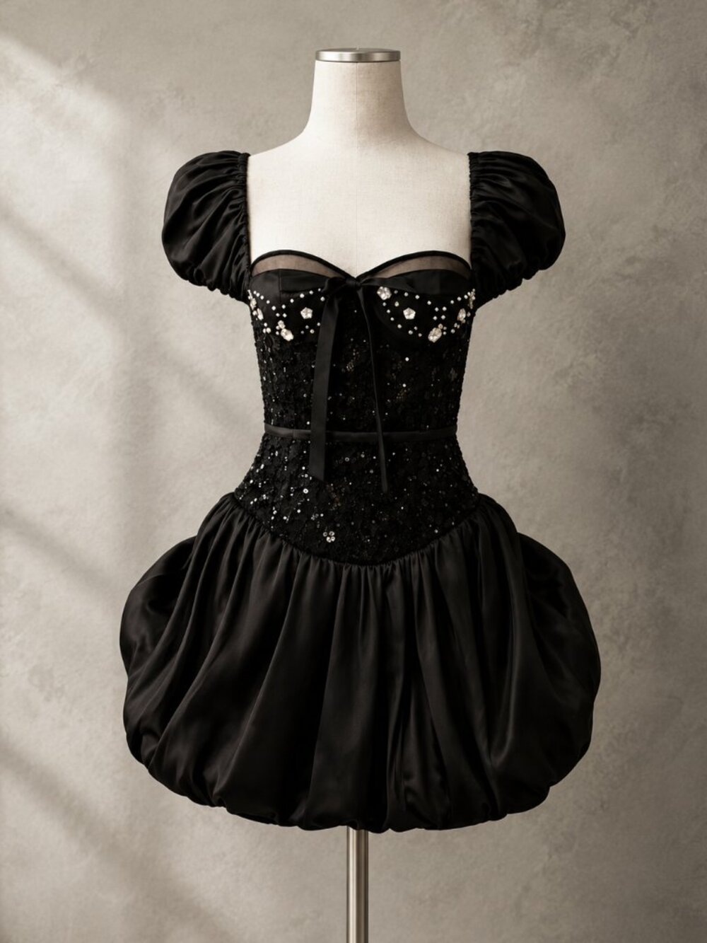 For Love & Lemons McKenna Black Lace Corset Bubble Hem Mini Dress XL NWT